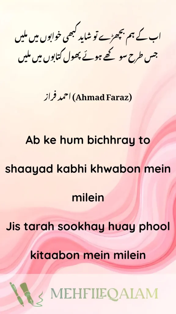 Ab ke hum bichhray to shaayad kabhi khwabon mein milein - (Ahmad Faraz)