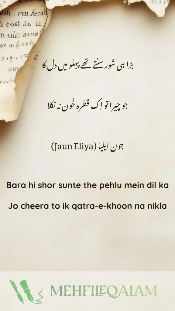 Jaun Eliya poetry - Bara hi shor sunte the pehlu mein dil ka