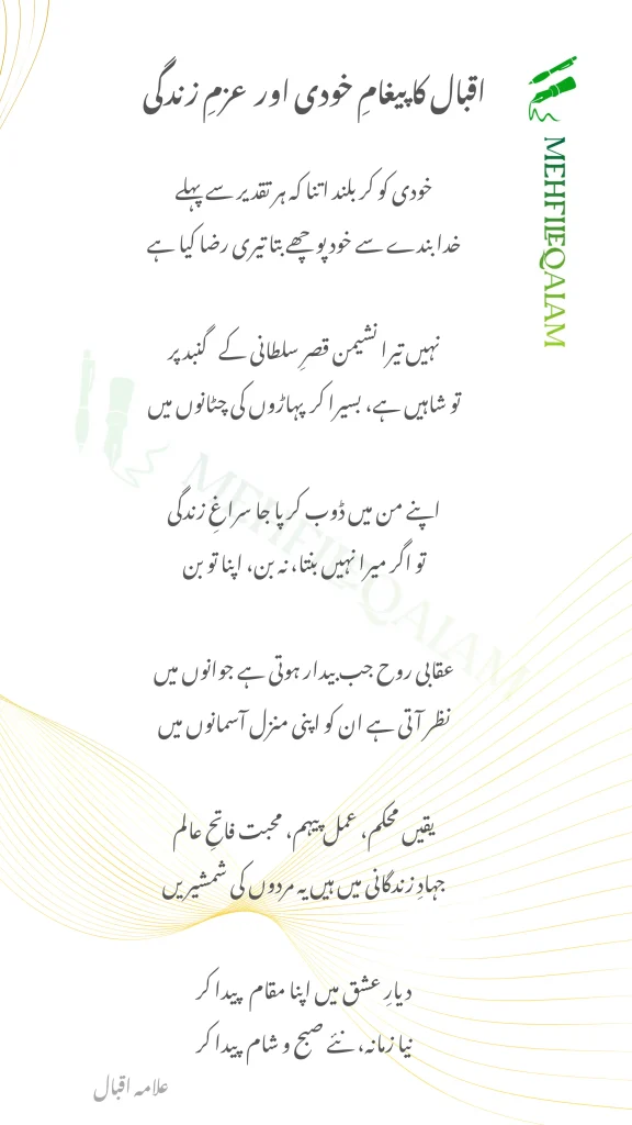 یہ اشعار وہ ہیں جو طاقت، شاہین کے کردار، اور اپنی صلاحیتوں کو پہچاننے کی بات کرتے ہیں