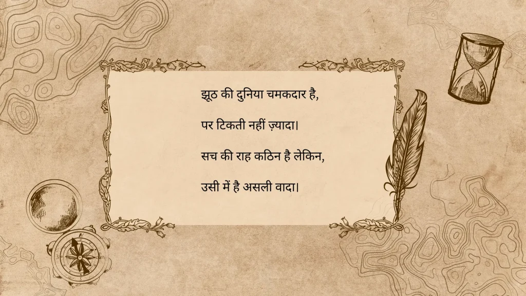 A sepia toned image with an inspirational Hindi quote in elegant script, surrounded by vintage decorations, a compass, globe, feather, and hourglass, evoking a sense of exploration and timeless wisdom.